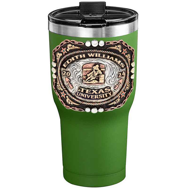 A customized tumbler made of stainless steel with a personalized engraved name and Texas University lettering with barrel racing figure, 30 oz, ideal for coffee or cool drinks